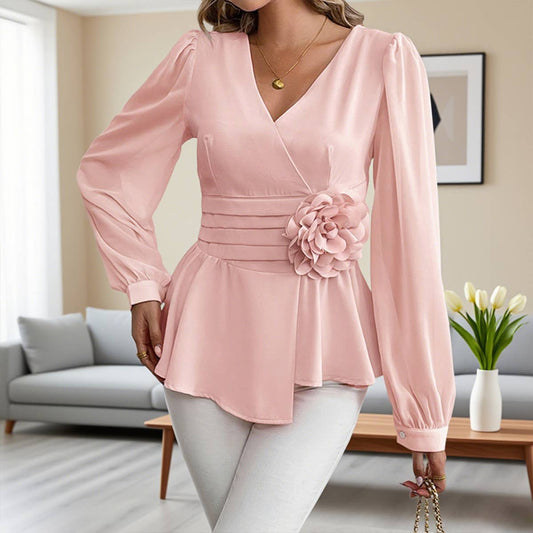 Slimming V-neck three-dimensional floral shirt