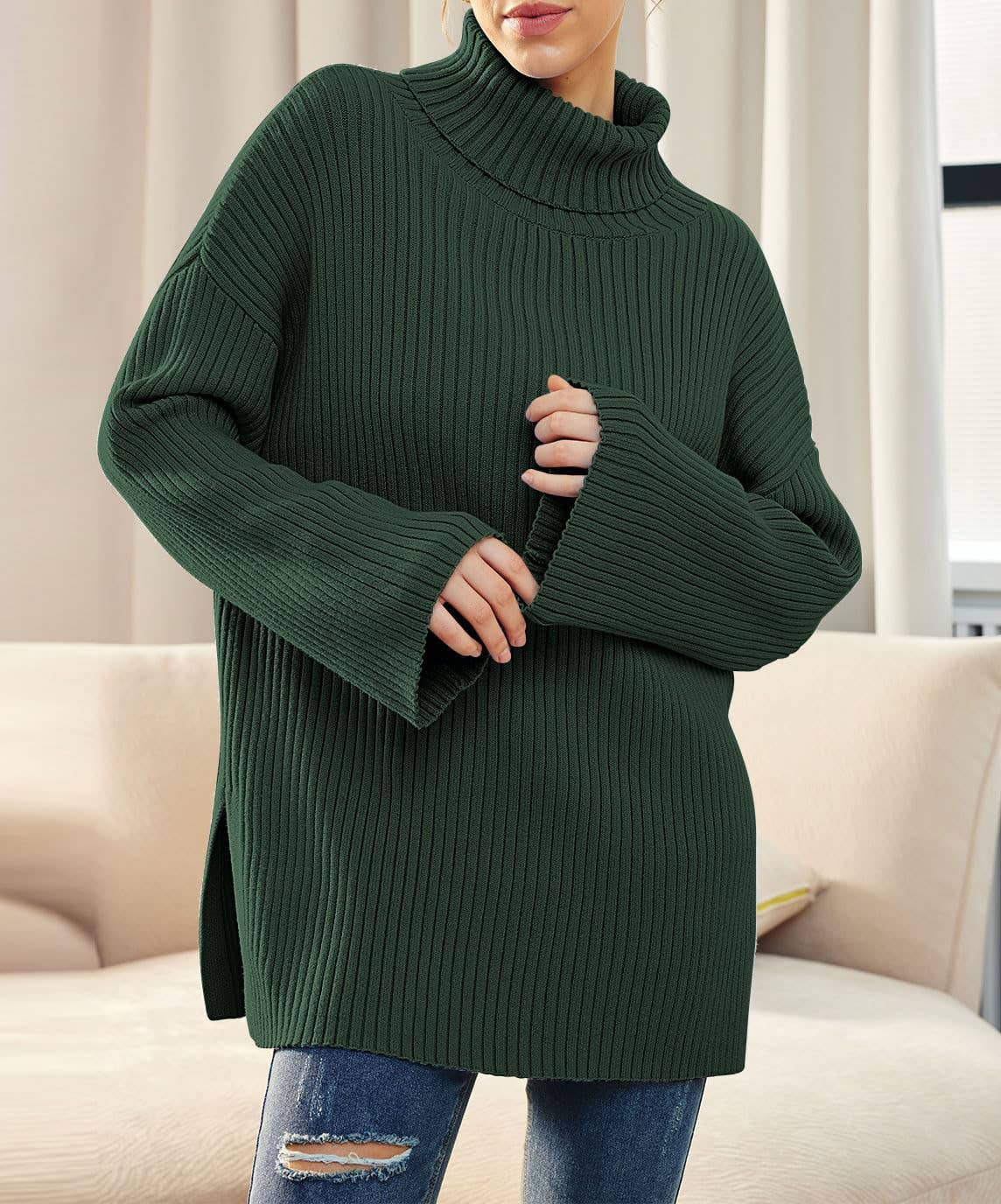SPLIT TURTLENECK SOLID COLOR RIB KNIT SWEATER