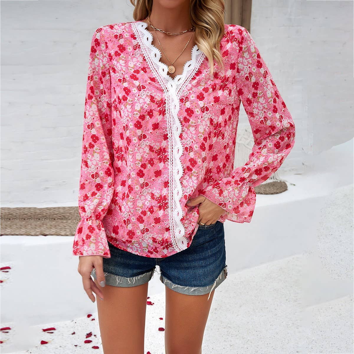 Temperament casual printed long sleeve V-neck shirt