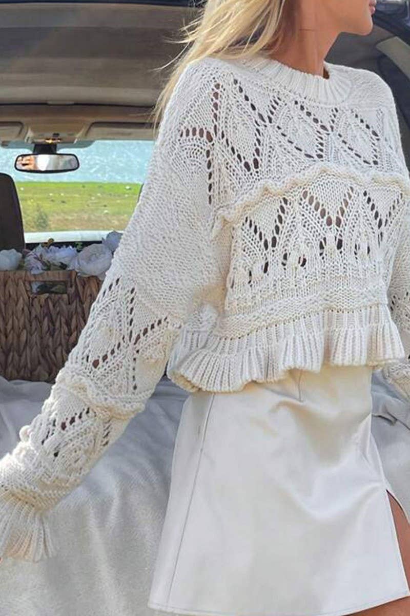 CWOSWL07627_CROCHET LONG SLEEVE ROUND NECK CROP SWEATER