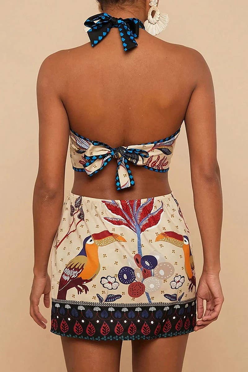 CWDHL01110_FLORAL HALTER NECK SEXY SHORT DRESS