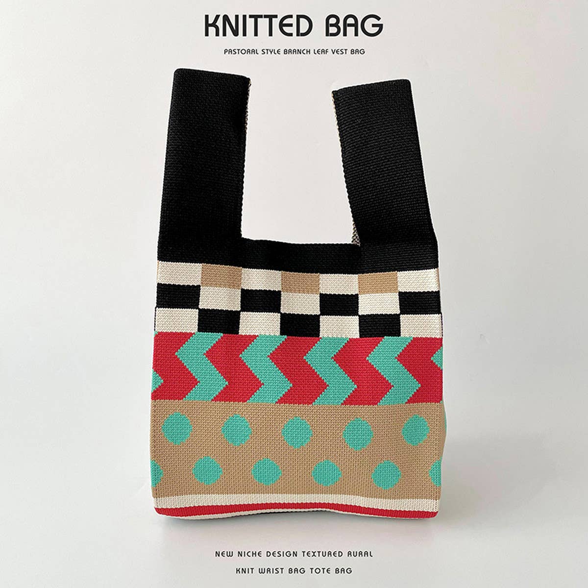 COLOR BLOCK POLKA DOT KNITTED SHOULDER TOTE BAG_CWAB1500