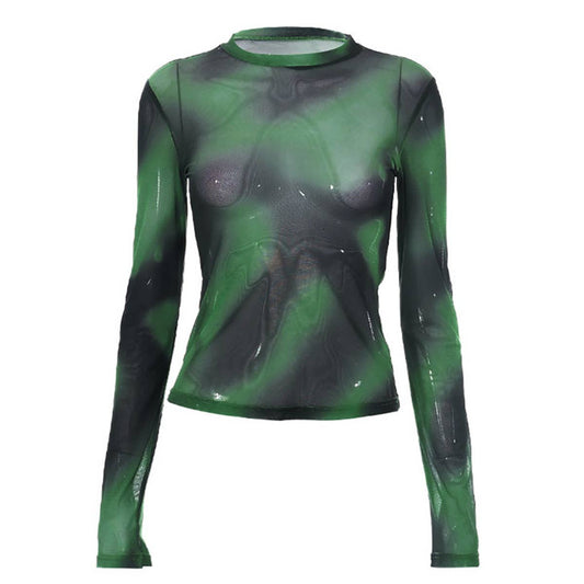 Gradient Tie-Dye Mesh Print Long-Sleeved T-Shirt