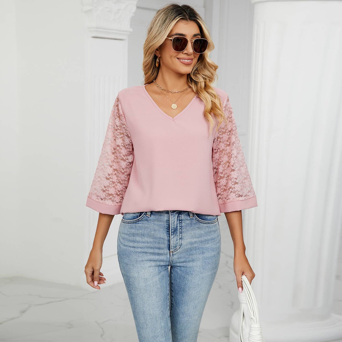 LACE HORN SLEEVE PATCHWORK CHIFFON BLOUSE