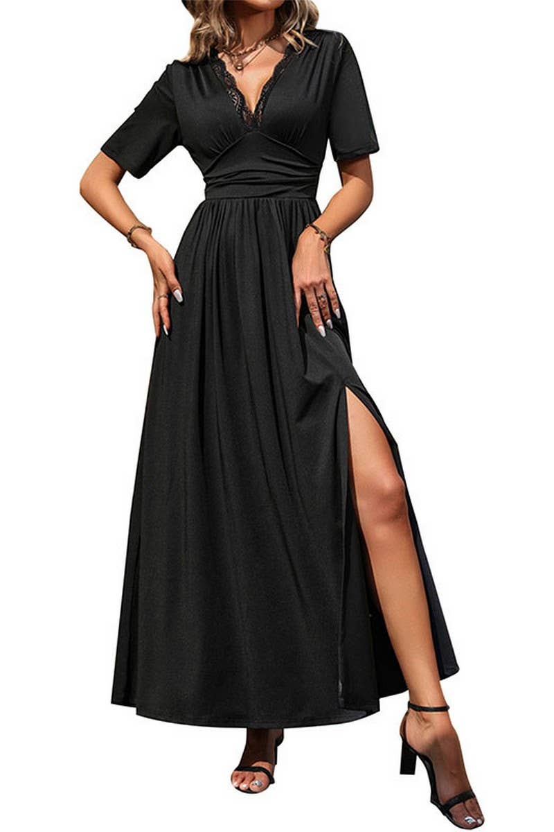 CWDMD2539_V-NECK SLIT LAPEL SHIRT DRESS