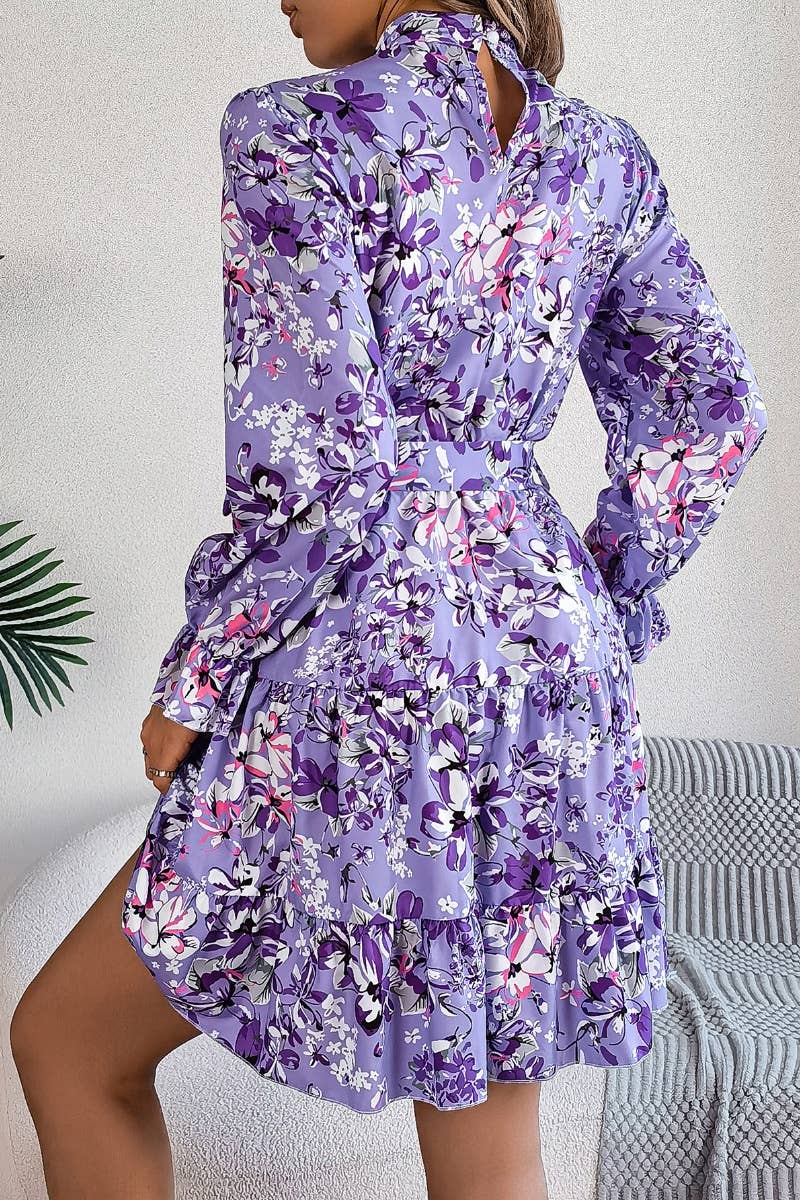 CWDSD5774_FLORAL DRESS WITH WAIST TUCKED HIGH NECK