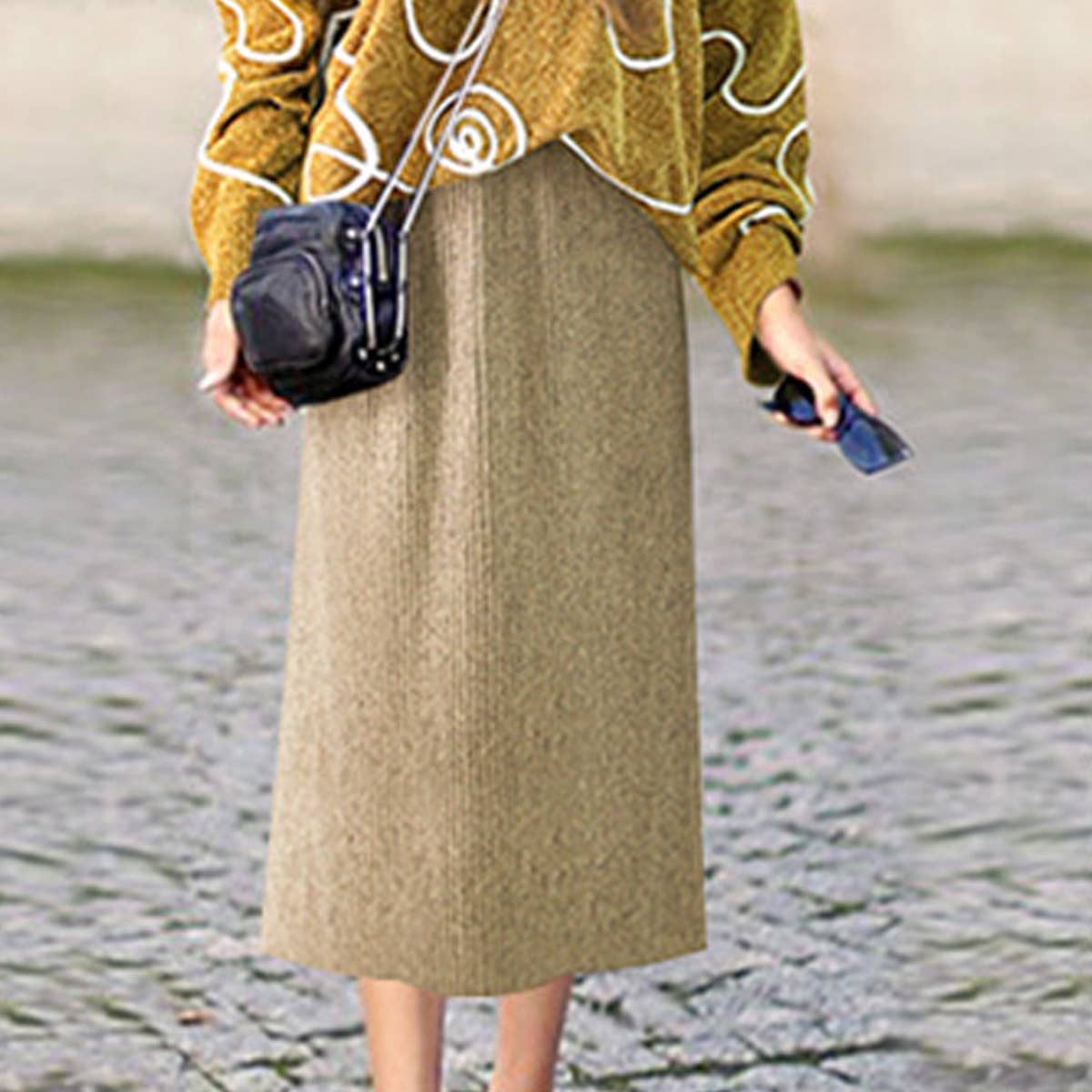 SOLID COLOR KNITTED WAISTLINE COUTURE SKIRT