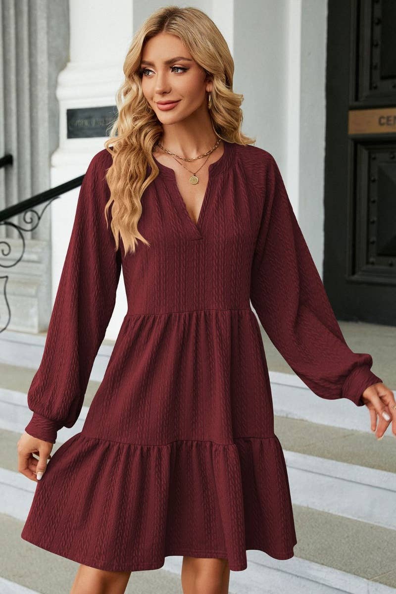 CWDSD6464_AUTUMN WINTER V-NECK LONG-SLEEVED DRESS SHORT