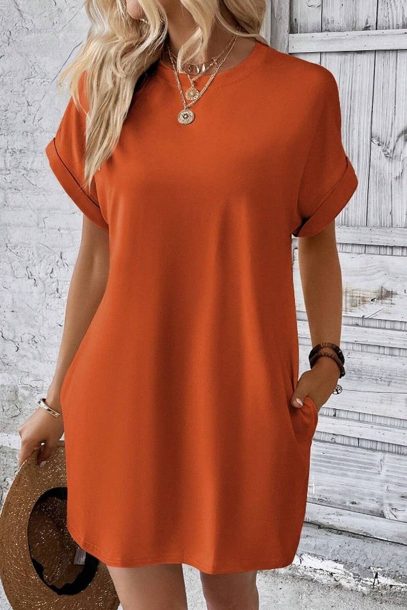 CWDSD3628_SOLID COLOR ROUND NECK LOOSE POCKET SHORT DRESS