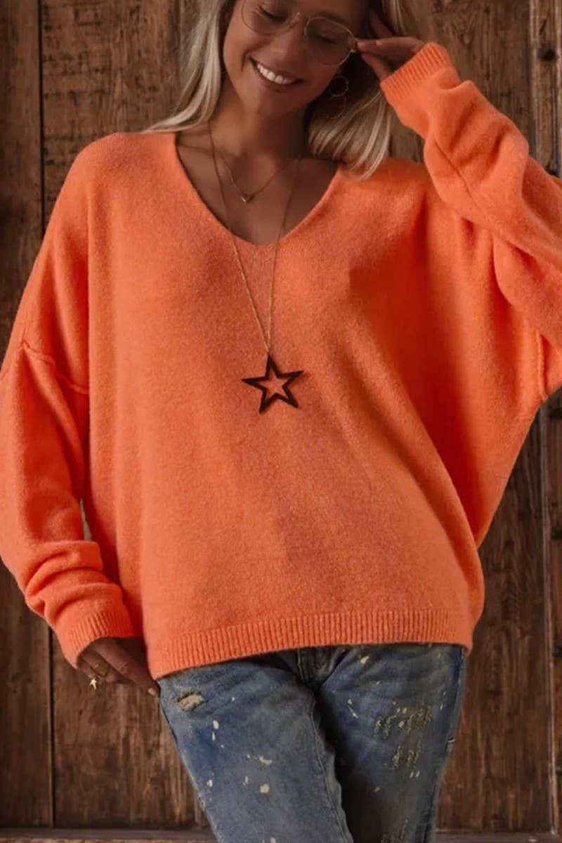 CWOSWL07455_DEEP V NECK PULLOVER LOOSE KNIT SWEATER