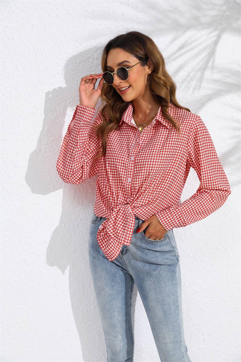 Lapel checked loose casual long-sleeved shirt