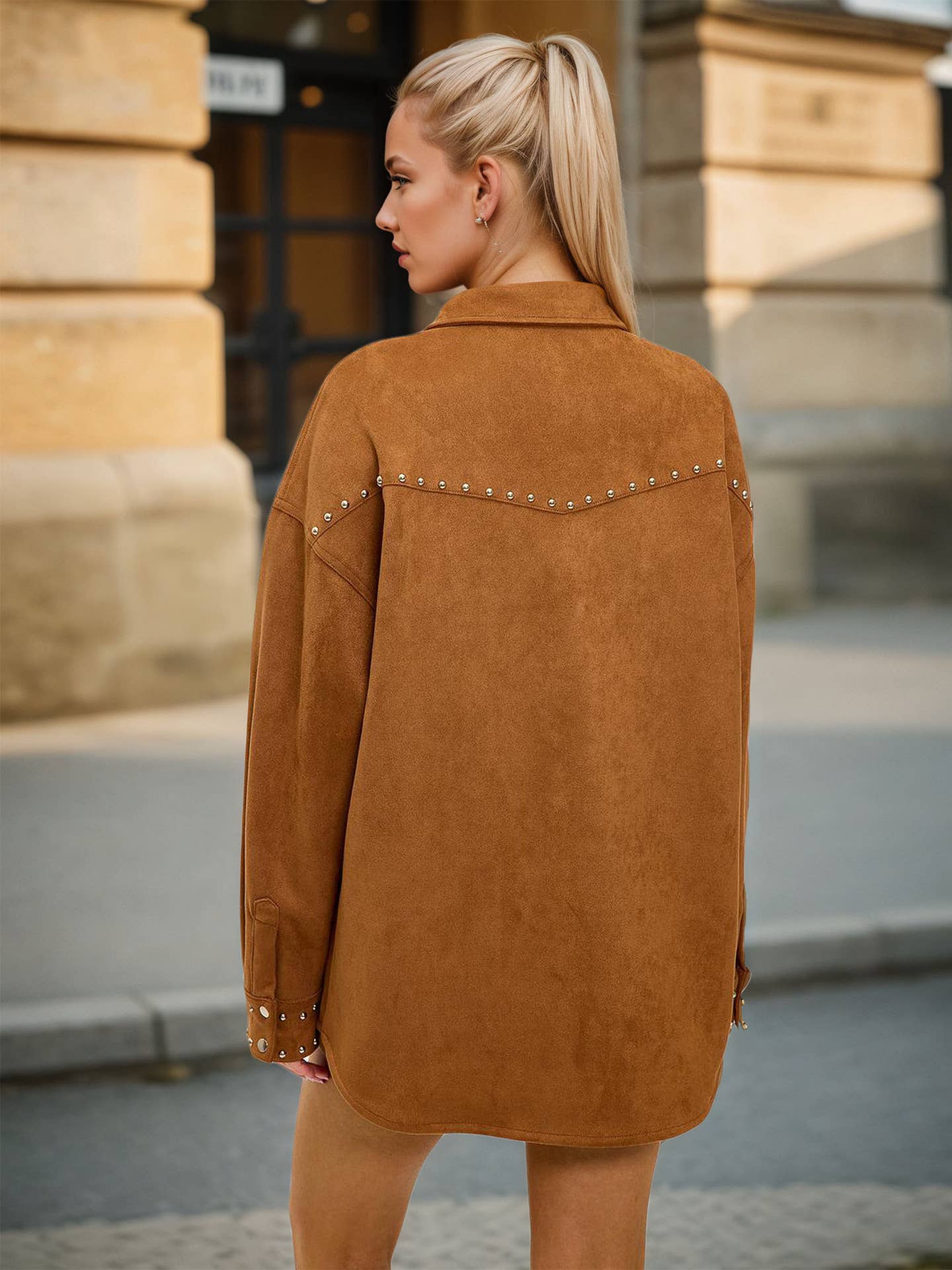 Lapel stylish multi-studded design loose shirt