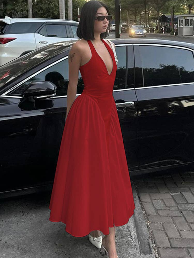 Solid Deep V Halter Cutout Flare Dress