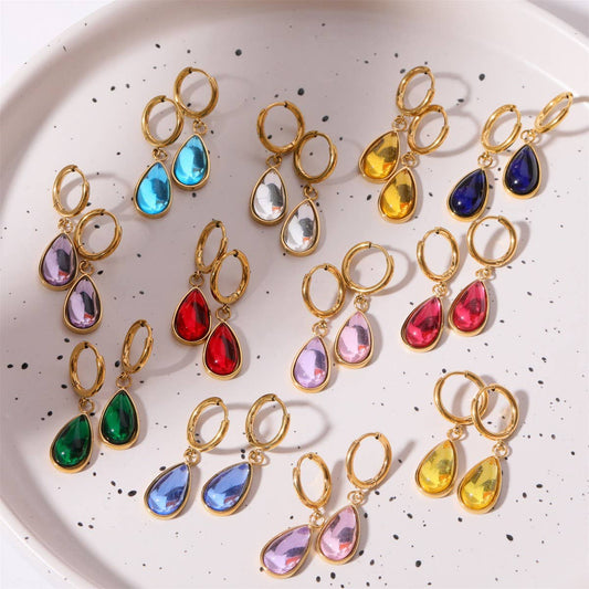 Teardrop Birthstone Earrings Gold Stainless
