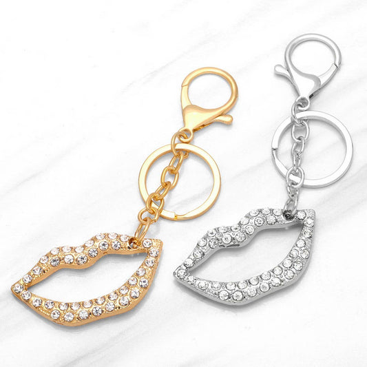 LIPS PENDANT METAL KEYCHAIN WITH DIAMOND BEZEL