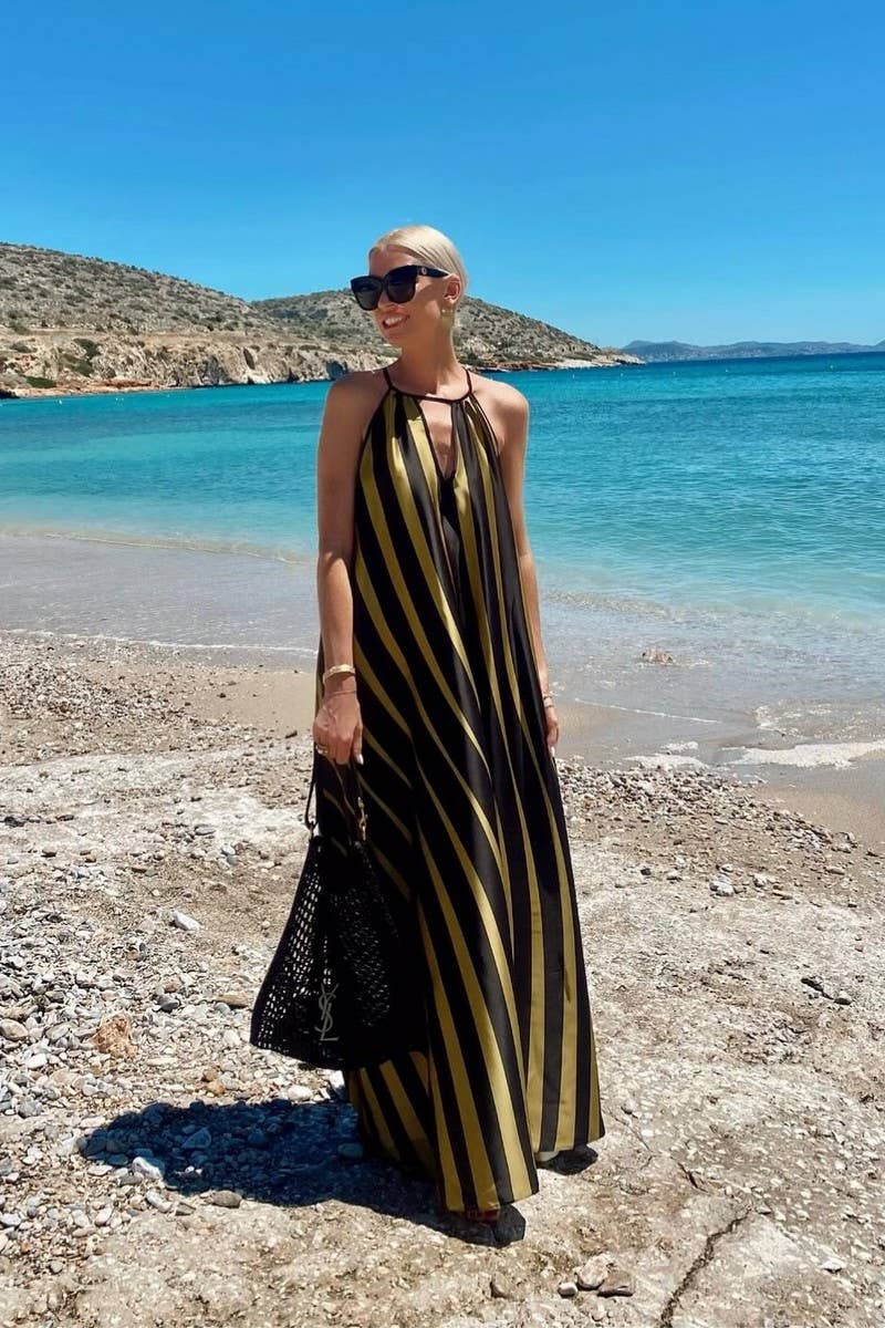 CWDMD6485_STRIPED V-NECK TIE WAIST BEACH MAXI DRESS