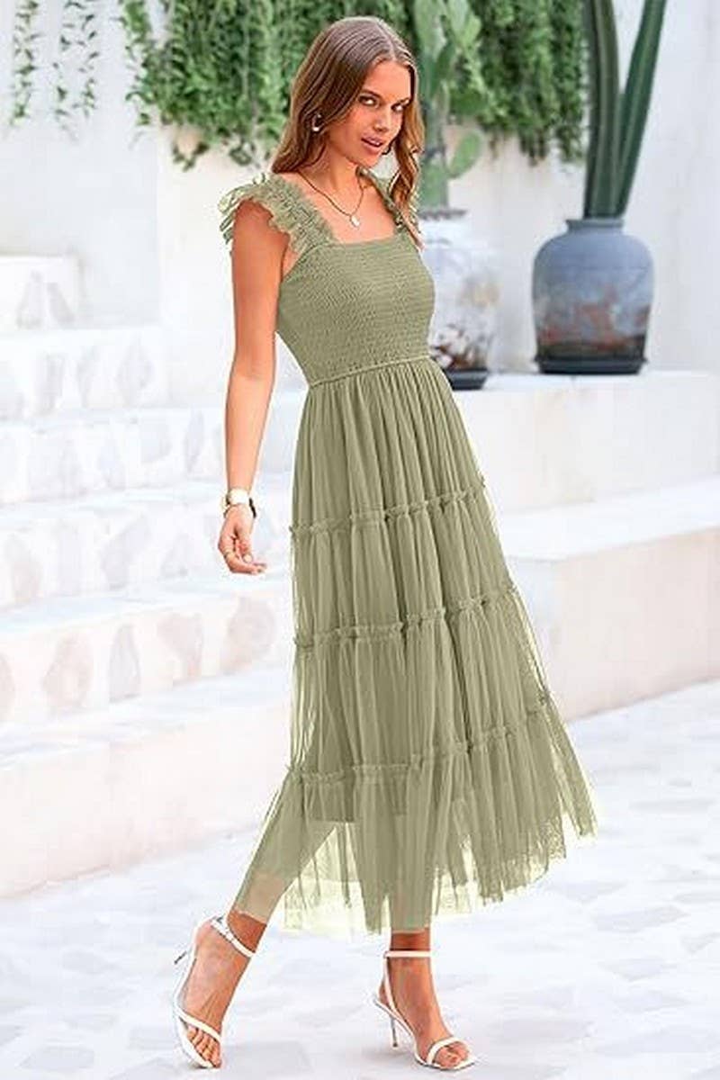 CWDHL1088_SLEEVELESS PLEATED MESH PANELED PUFFY VEST DRESS