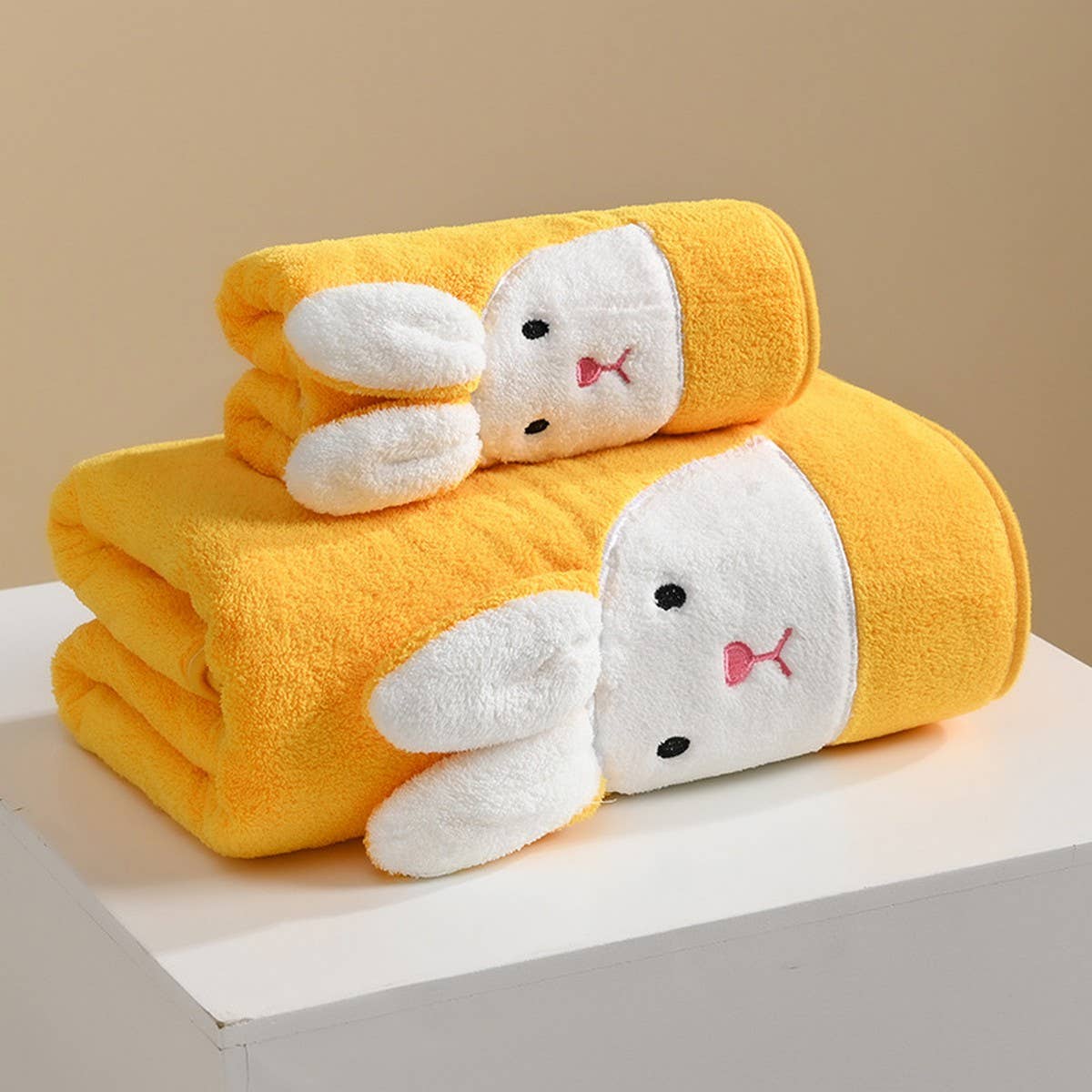 EMBROIDERED RABBIT CORAL FLEECE TOWEL