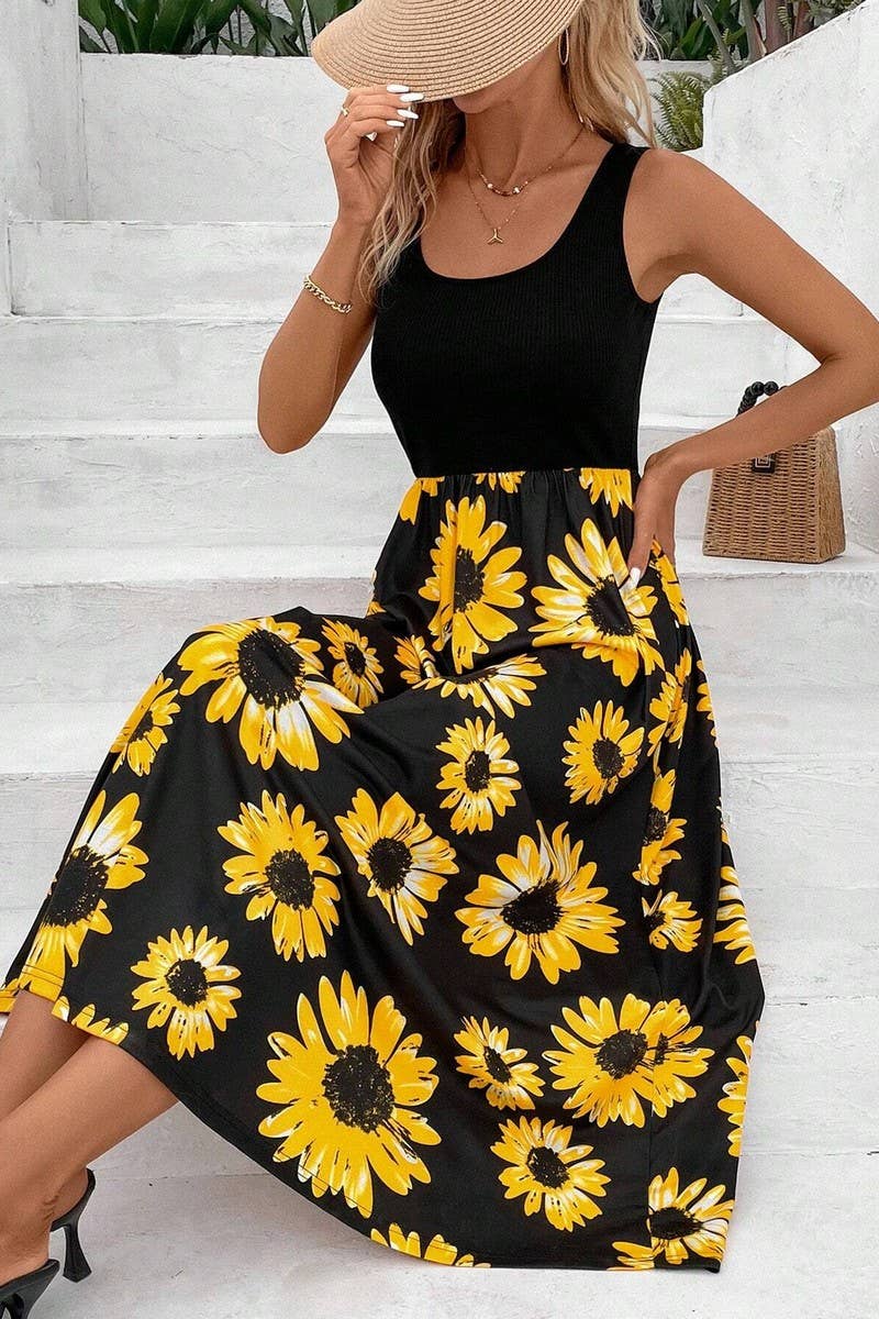 CWDMD4446_SUNFLOWER PRINT PATCHWORK SLEEVELESS DRESS