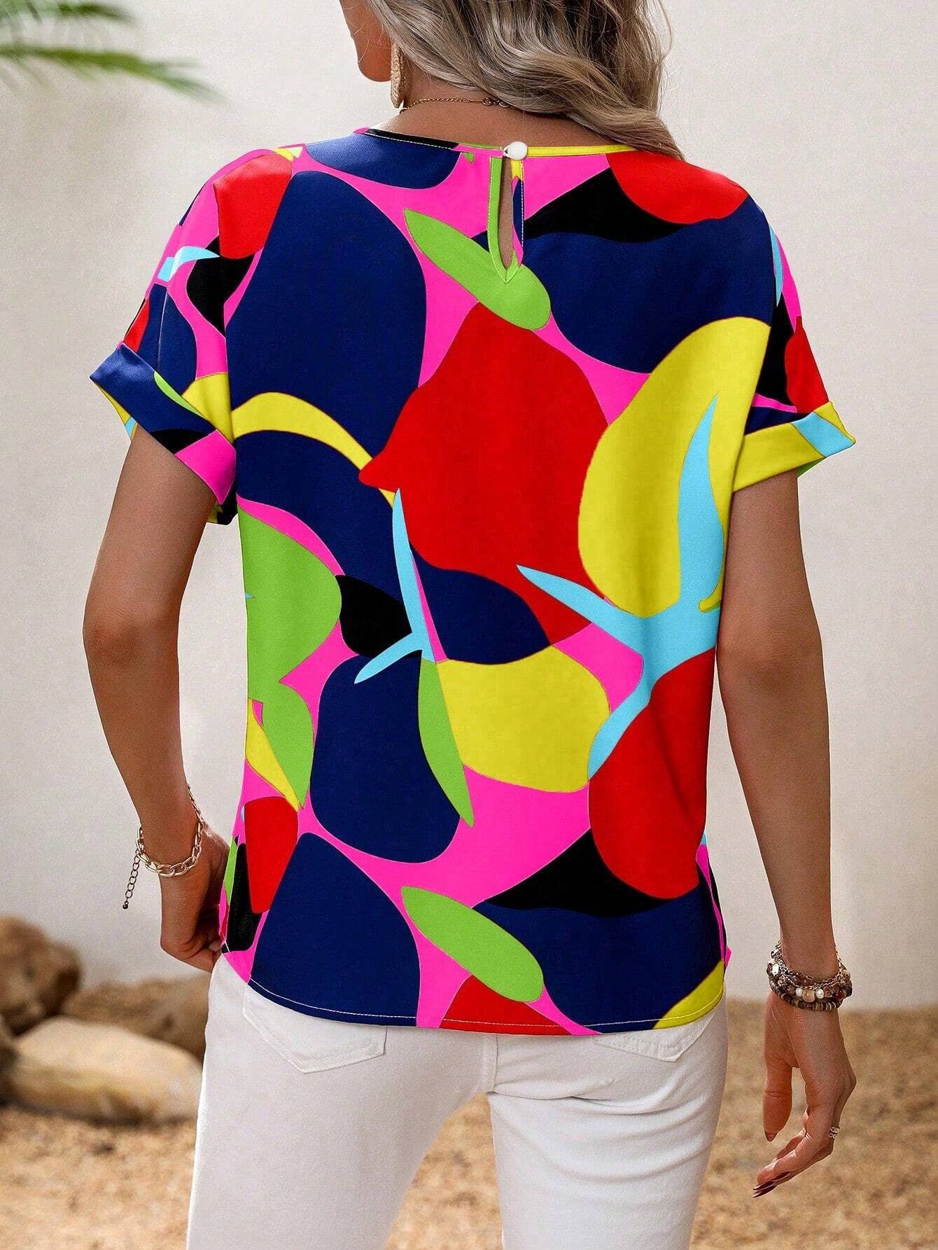 Fashion printed multi-color U-neck blouse