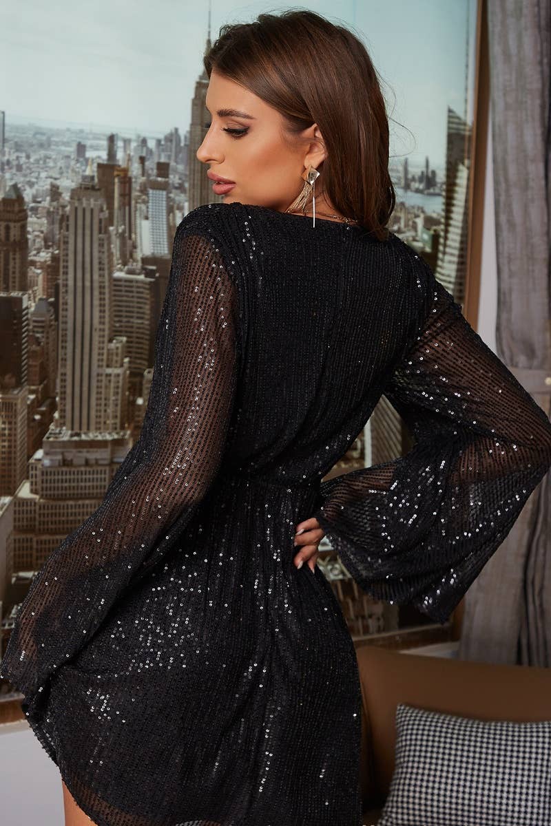 CWDSD4294_SEQUIN LONG SLEEVE MESH DEEP V SWING DRESS