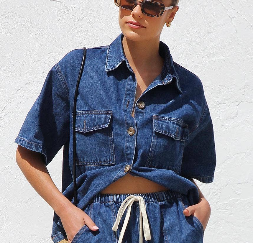 Retro casual loose pocket shirt & shorts set