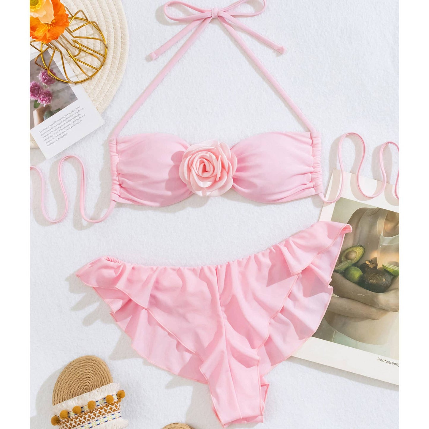 Women's 3D Floral Bikini Set - Pink Nylon Swimsuit