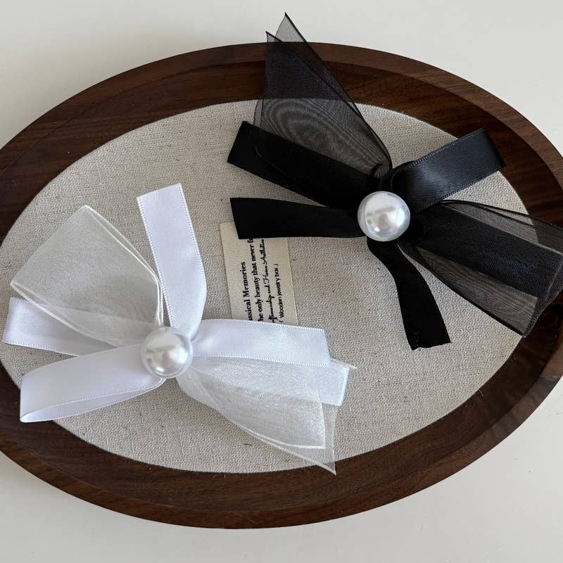 Elegant net gauze pearl bow hair clip