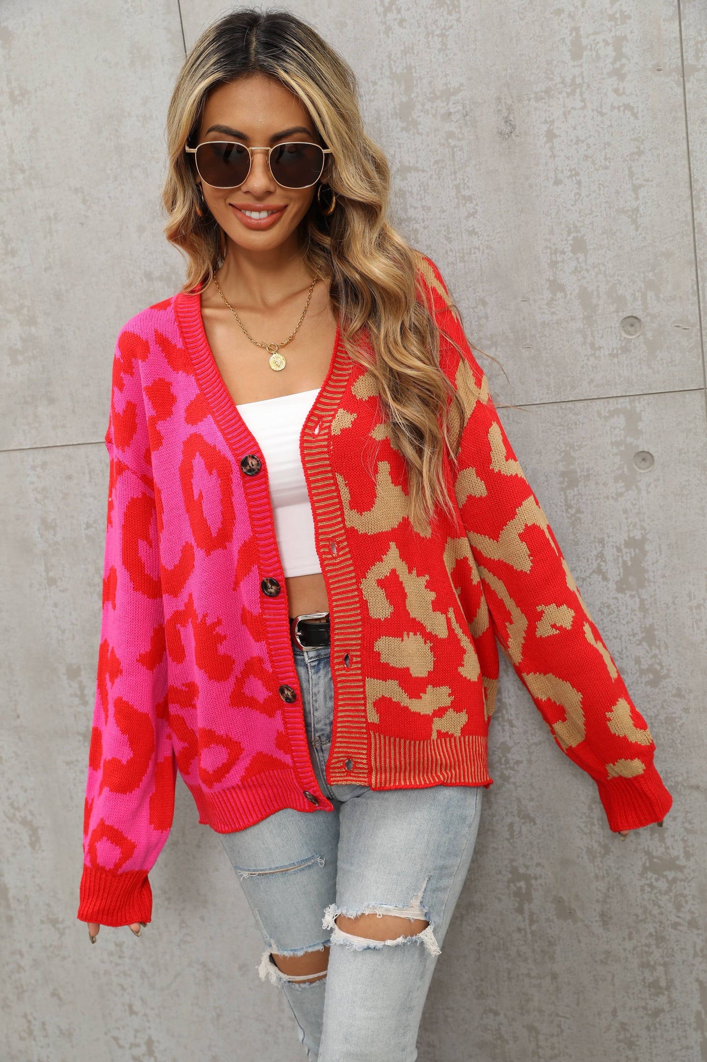 Printed Knit Single Breasted Leopard Knit Cardigan