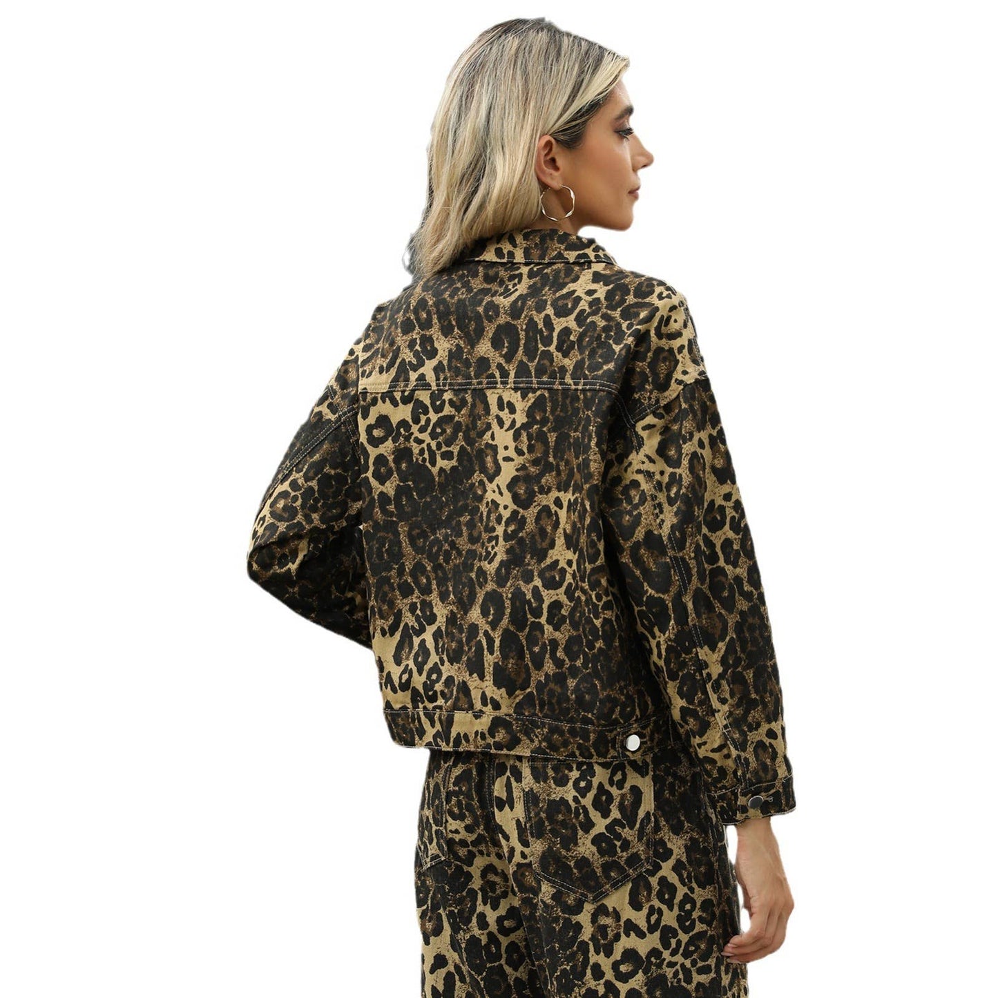 WASHED FASHION LEOPARD PRINT DENIM JACKET