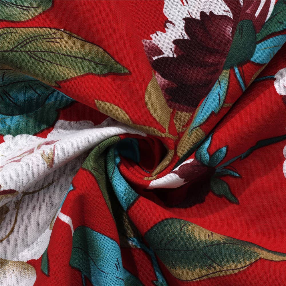 SHORT SLEEVE COTTON AND LINEN FLORAL PRINT DRESS