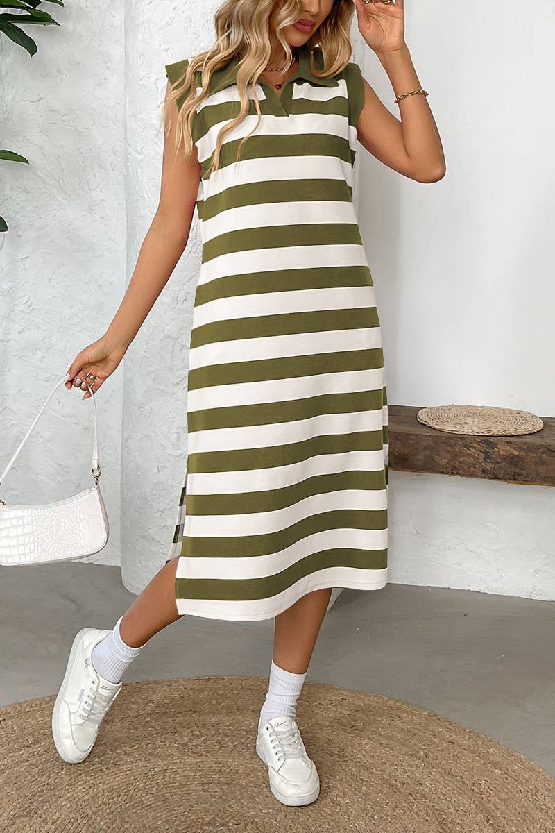 CWDMD4896_SUMMER STRIPED POCKET LAPEL SLEEVELESS LONG DRESS
