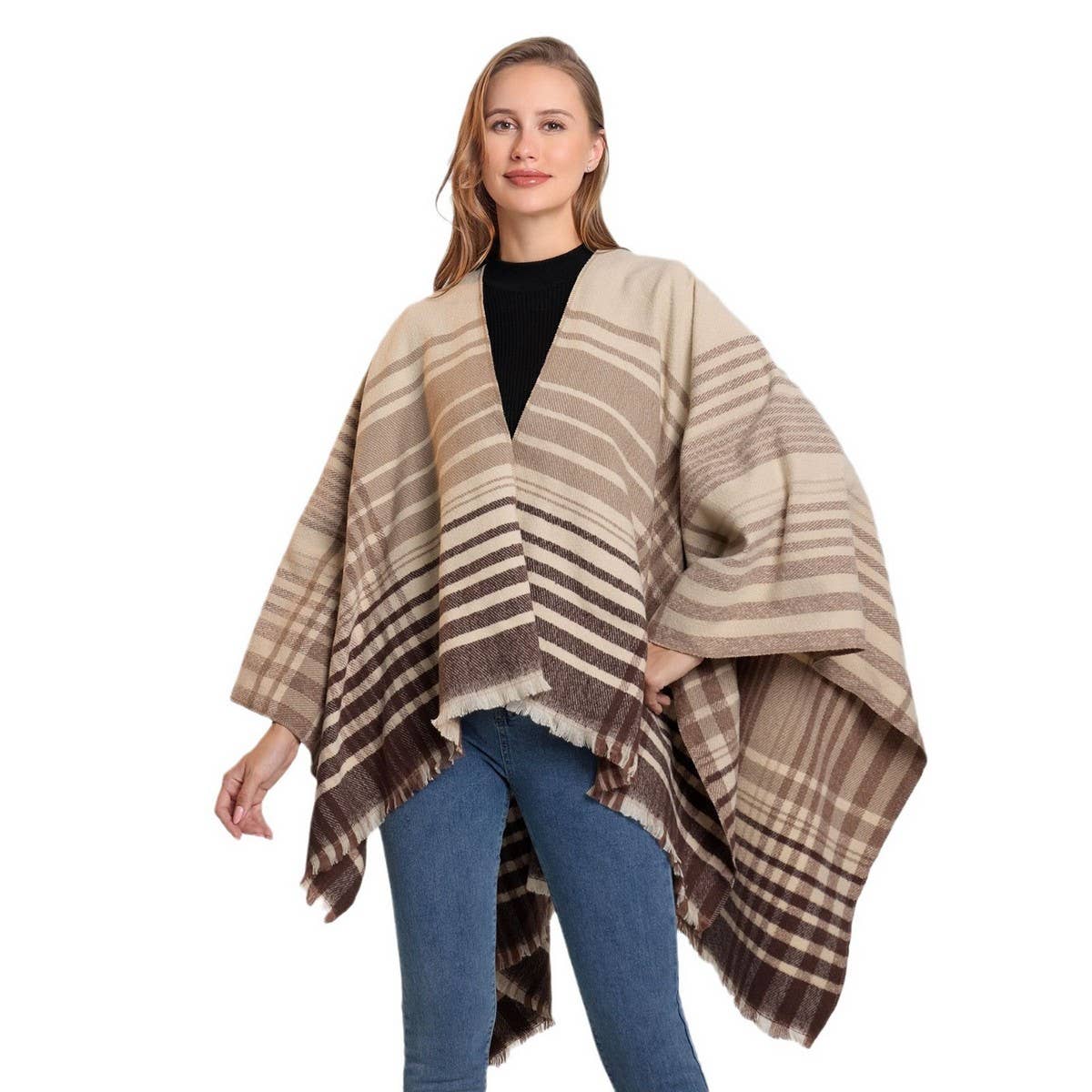 LINE PLAID SPLIT SHAWL THICK LARGE SIZE SCARF CAPE