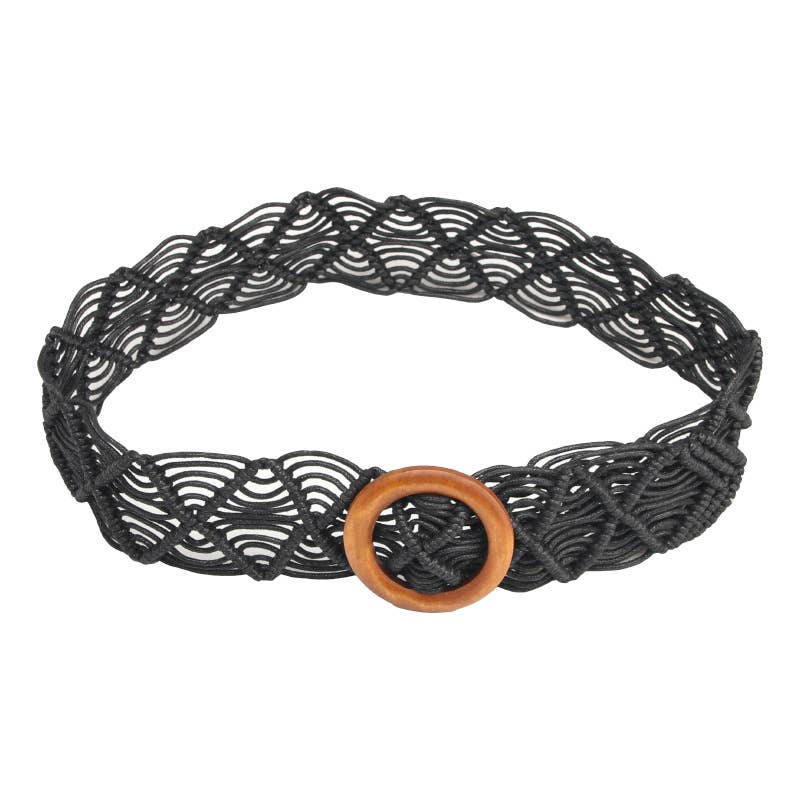 Wax rope woven hollowed-out wooden buckle belt