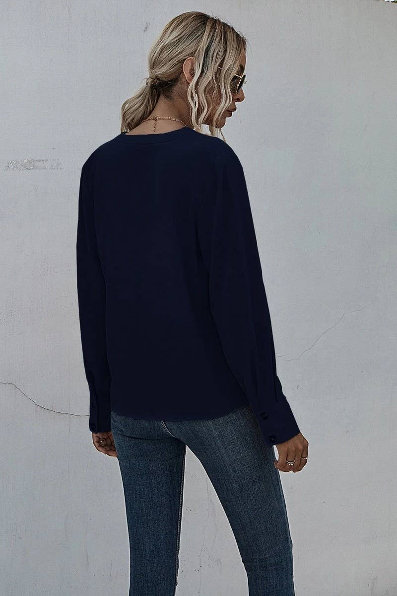 V NECK LONG SLEEVED PLEATED PULLOVER SHIRT_CWTSTL0695