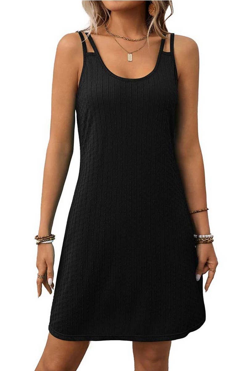 CWDSD7276_SOLID COLOR ROUND NECK SUSPENDER SLEEVELESS DRESS