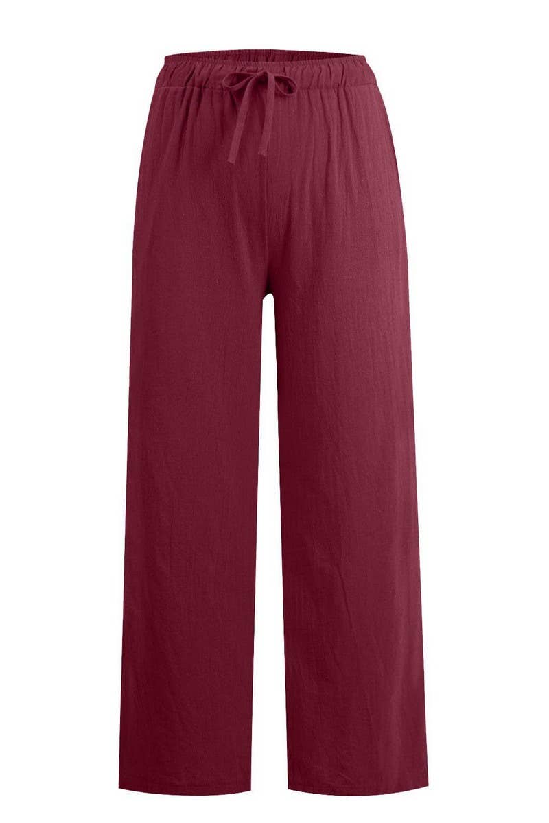 CWBLP2030_CASUAL ELASTIC WAIST TIE LOOSE SOLID PANTS