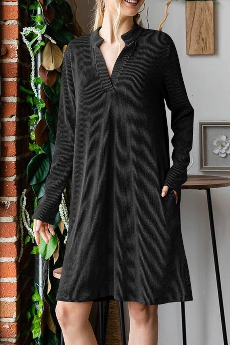 CWDSD6681_SOLID COLOR V-NECK LONG SLEEVE LOOSE DRESS