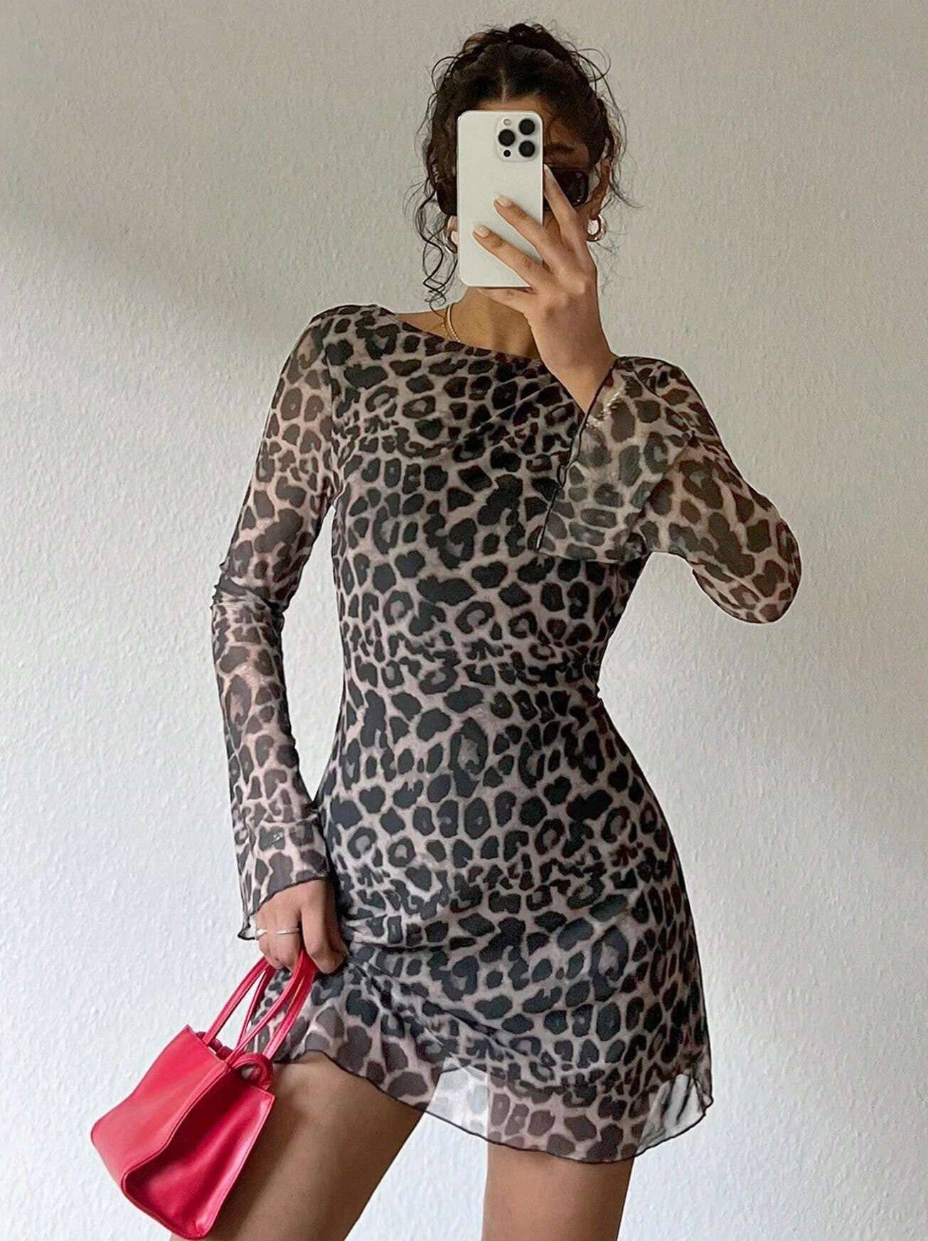 Leopard print mesh short sexy slim backless dress