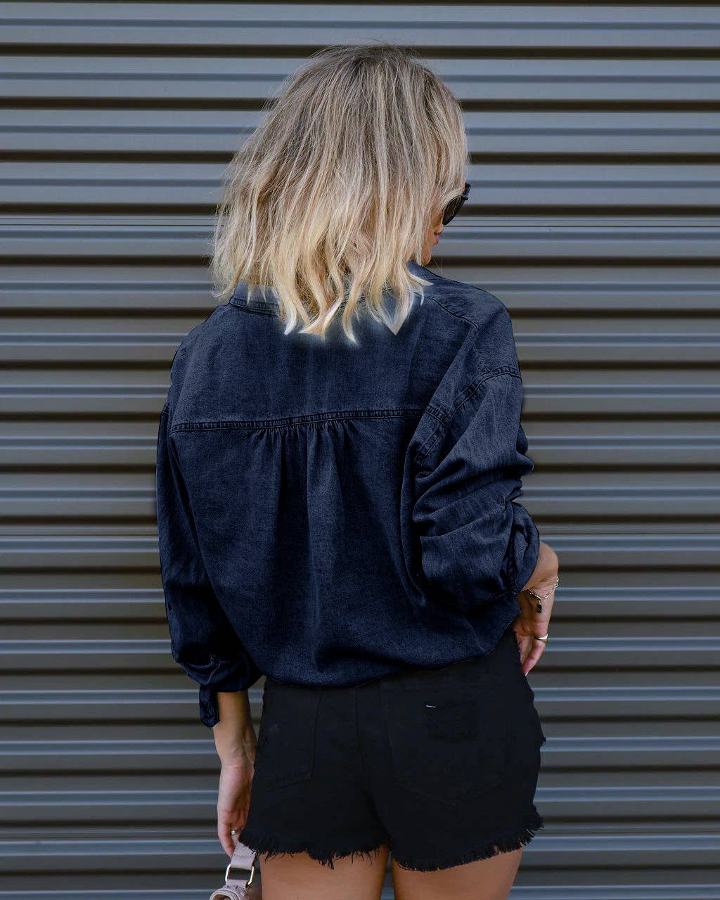 LONG SLEEVE DENIM SHIRT WITH POCKETS LOOSE TOP