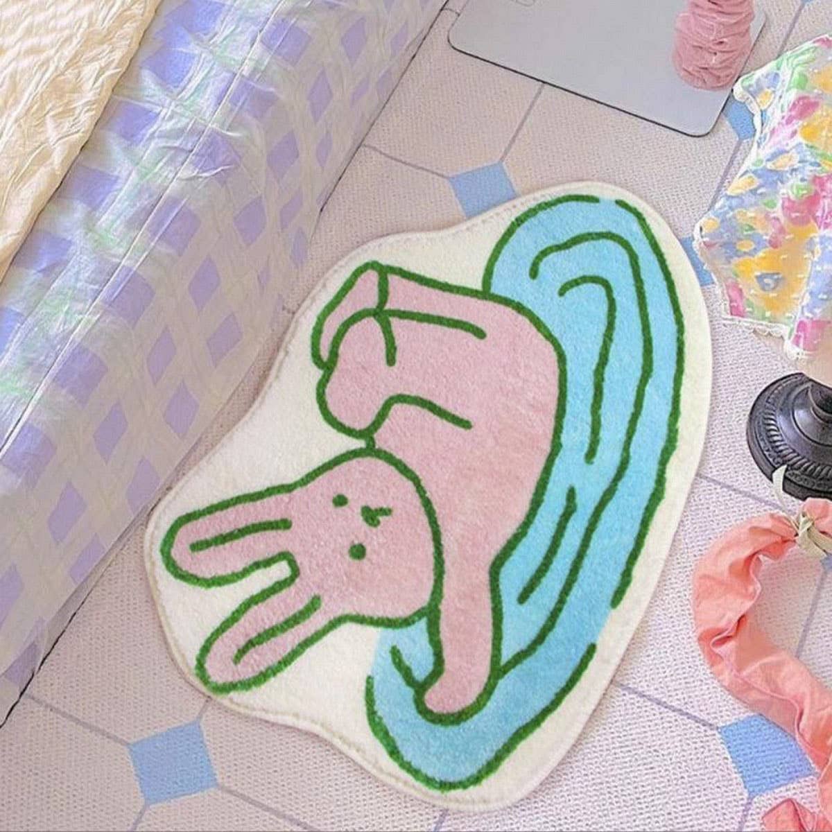 Cute Rabbit Bath Mat, Plush Absorbent Non-Slip Rug