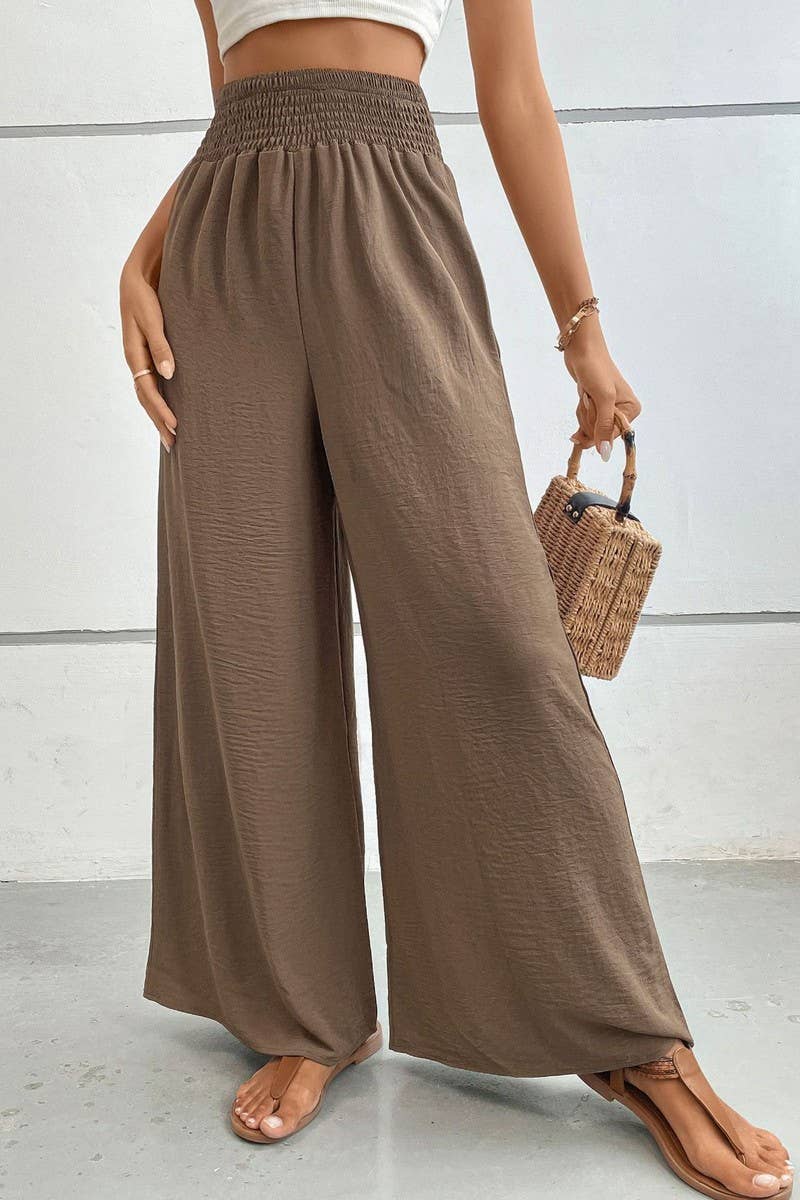 CWBLP00931_HIGH WAIST SOLID ELASTIC WIDE LEG CASUAL PANTS