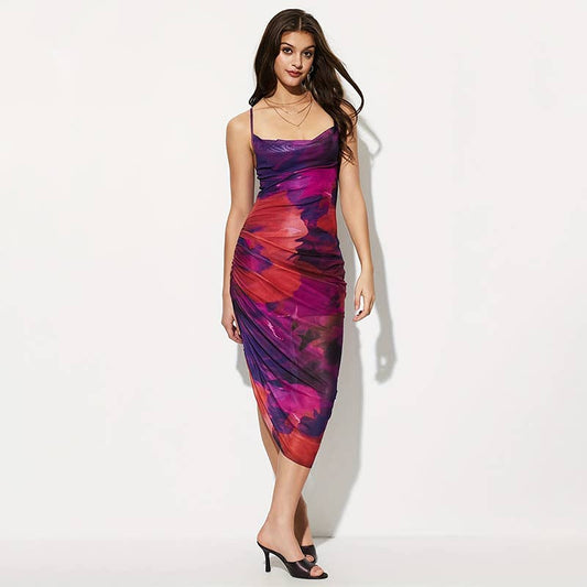 TIE-DYE DRAWSTRING SLIM MESH HALTER MIDI DRESS