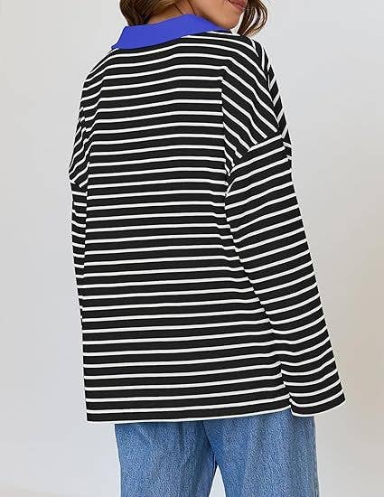 STRIPED V-NECK LOOSE LONG-SLEEVED HOODIE