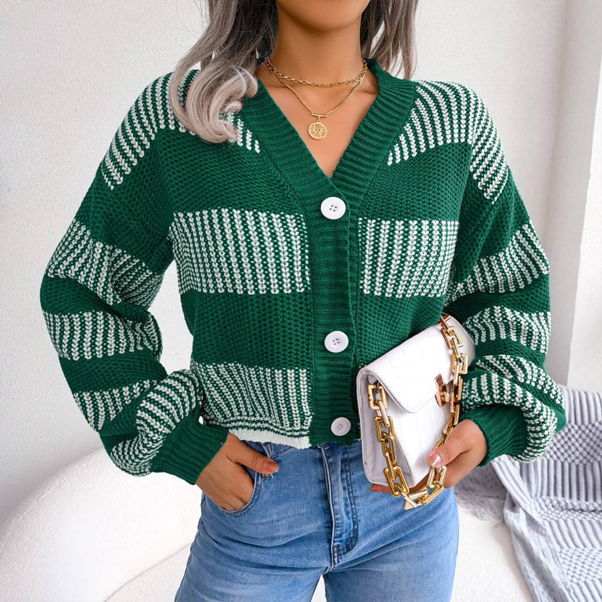 Striped lantern sleeve cardigan jacket