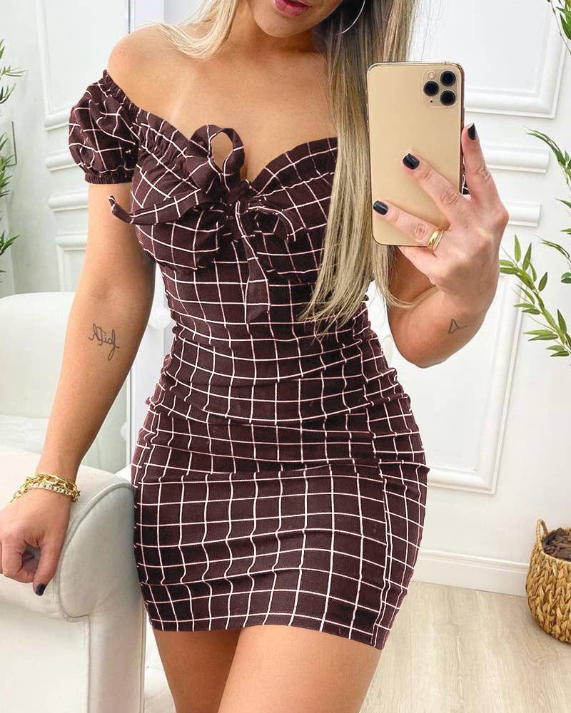 PLAID PRINT OFF-THE-SHOULDER SEXY HIP WRAP DRESS