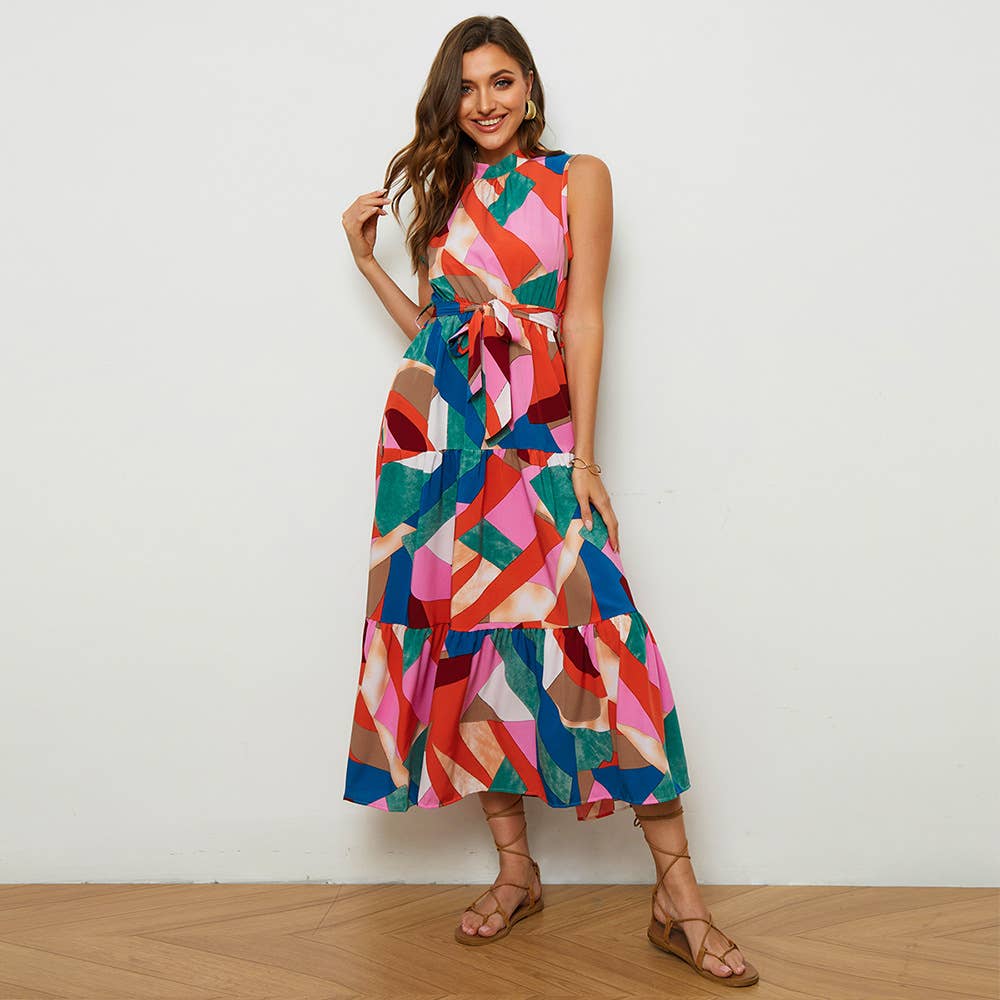 STAND COLLAR PRINT BOHO HOLIDAY SLEEVELESS DRESS