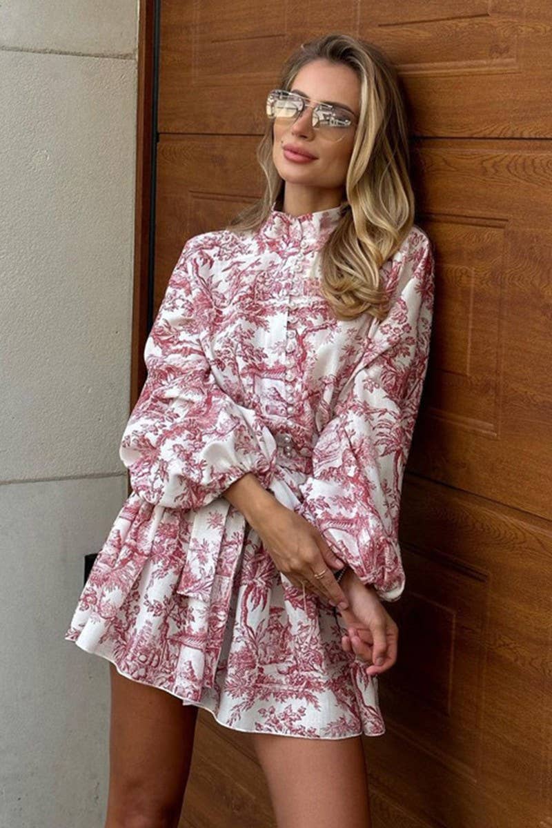 CWDSD7783_INK PRINT LONG SLEEVE STAND COLLAR DRESS