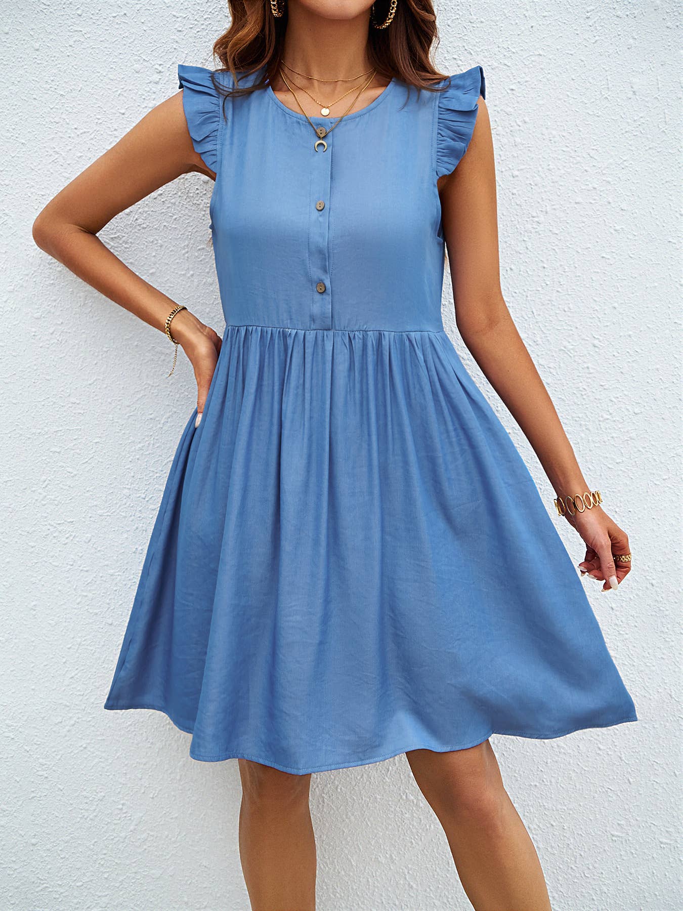 SKIRT WITH RUFFLED SLEEVES AND ROUND NECK