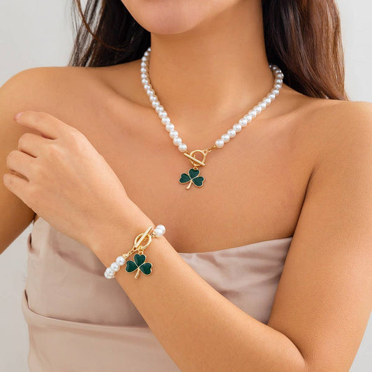 CLOVER PEARL NECKLACE BRACELET SET